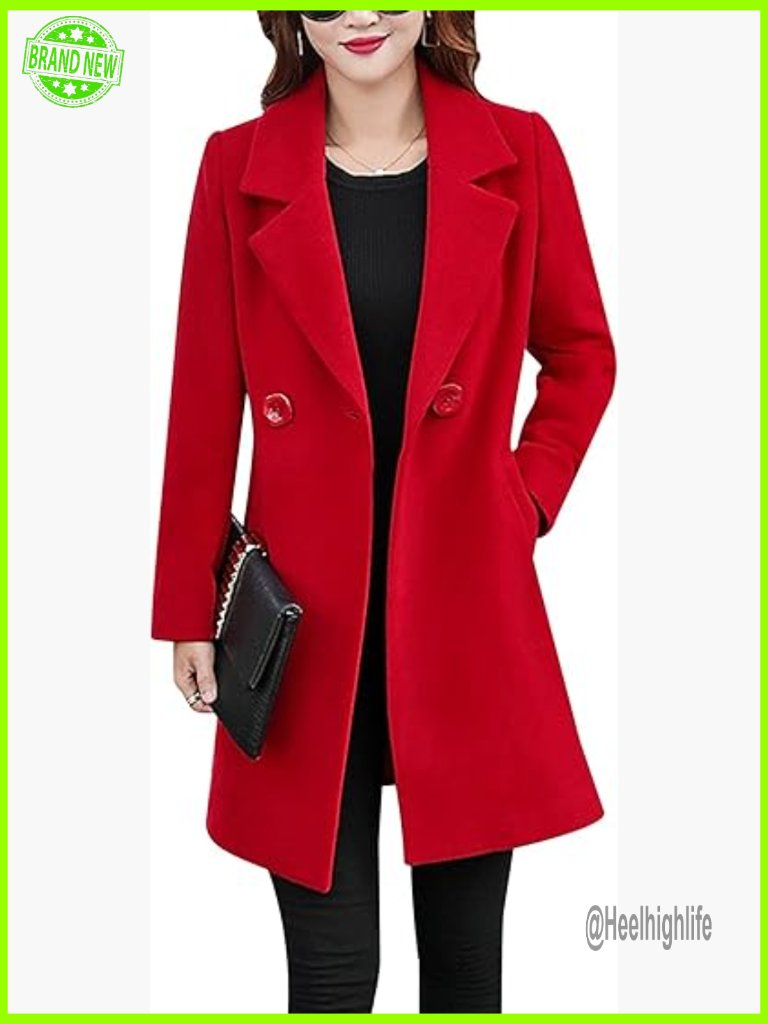 Notched Collar Wool Blend Double-Breasted Long Peacoat Midi Overcoat